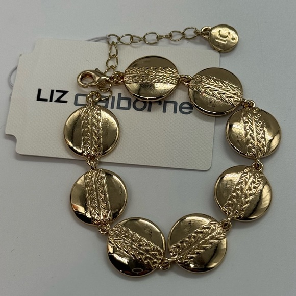 Liz Claiborne Gold Tone Disc Design linked Bracelet 7-9 inch - Picture 10 of 10